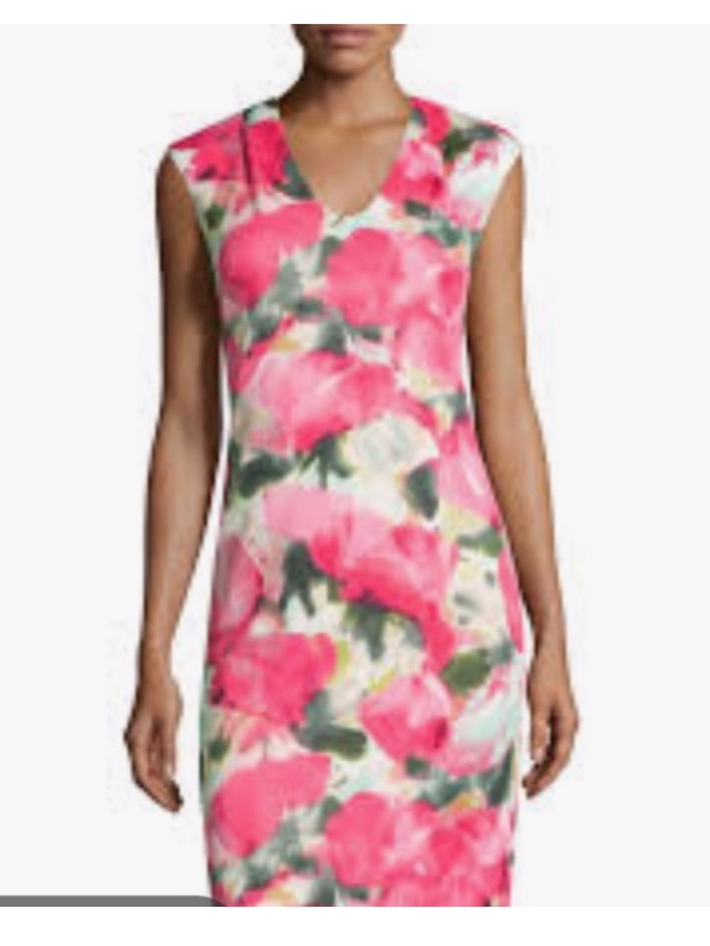 Donna Ricco Pink Floral Watercolor V-Neck Midi Stretchy Dress